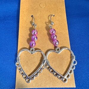 Silver Heart Earrings with Pink Beads